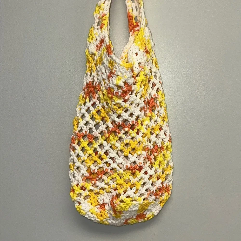 Handmade Crochet White Orange Yellow CandyCorn Colored Small Fishnet Market Tote